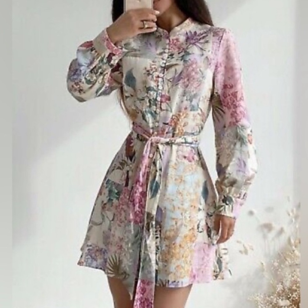 Zara Pink Mini Dress with Bishop Sleeves and Mandarin Collar